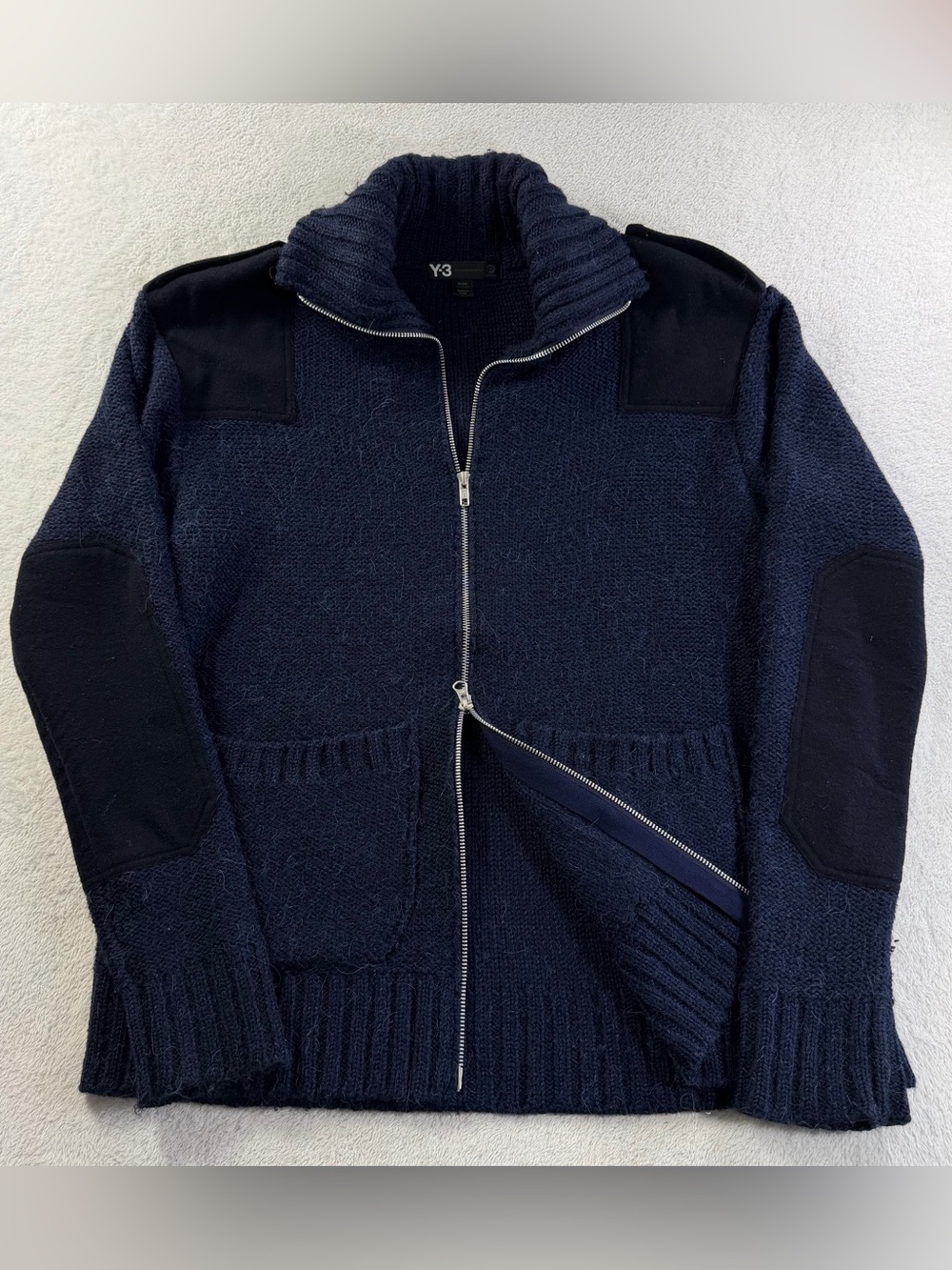 ⁠Y-3 Yohji Yamamoto Heavy Wool Alpaca Full Zip Commando Knit Sweater Navy Mens M